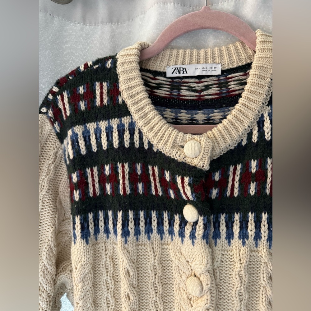 Zara size large jacquard knit cardigan cream blue green red EUC - Picture 4 of 10